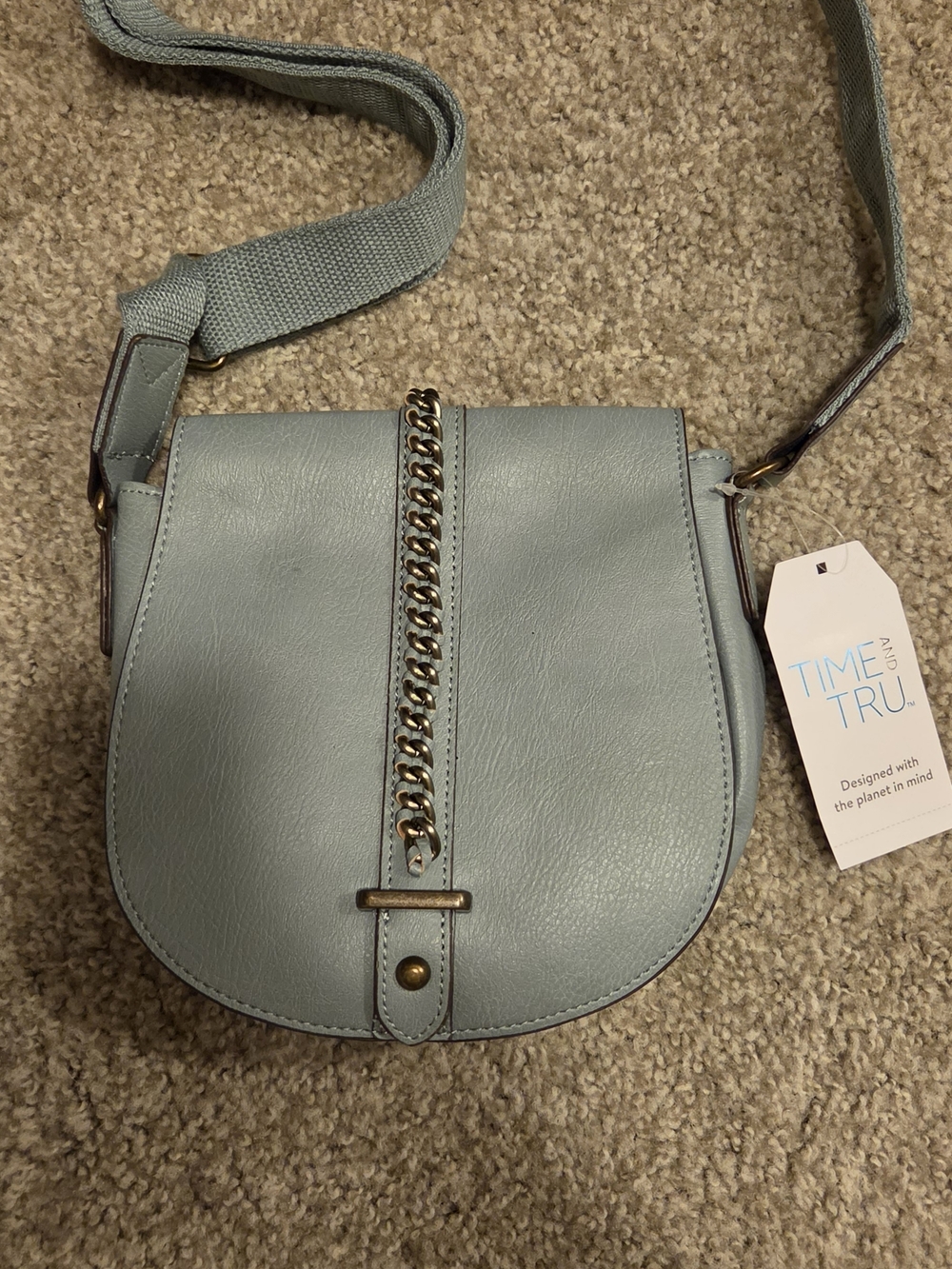 Time and Tru Dusty Blue Crossbody Bag with Chain Detail